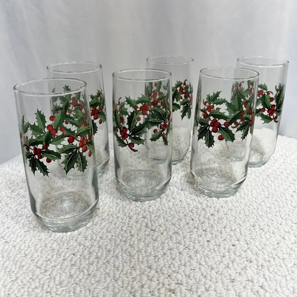 Anchor Hocking Christmas Holly Berries Glasses Tumblers Vintage Lot of 6 16 oz